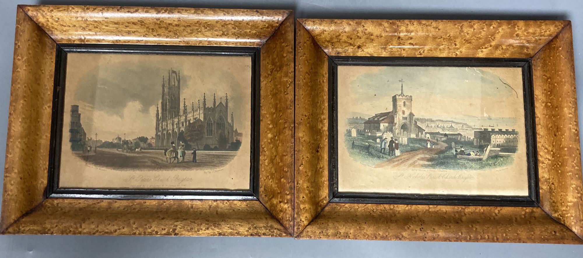 A pair of 19th century coloured prints of Brighton - St Peters Church and St Nicholas Paris Church, both maple framed, 11.5 x 16.5